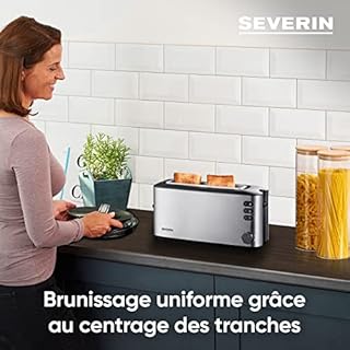 SEVERIN Grille-pain automatique 1 000 W, Toaster compact 1 fente jusqu'à 2 tranches, Grille-pain électrique avec réglage du degré de brunissage & fonction décongélation, inox/noir, AT 2515