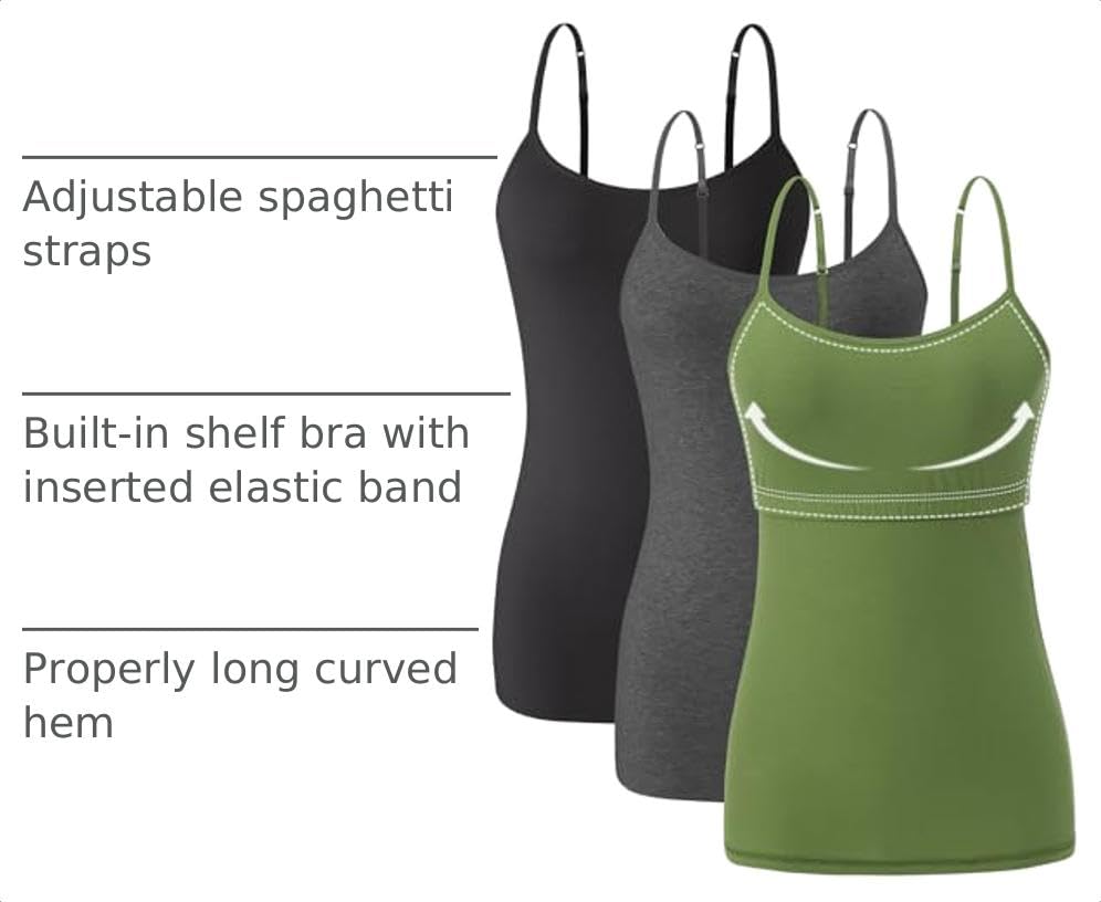 Image of Orrpally Women Cotton Camisole Shelf Bra Cami Tank Tops Adjustable Spaghetti Strap Tank Top 3-Pack