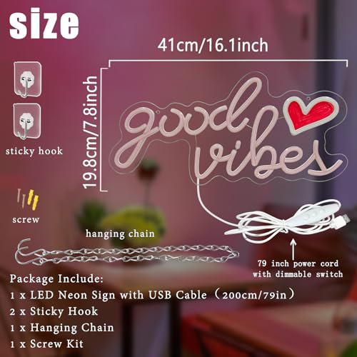 Image of Good Vibes Neon Sign 16.1 X 7.8 inch Pink Good Vibes Neon Light with Red Heart UV-Printed Dimmable USB Powered Aesthetic Led Light Up Sign for Bedroom Girls Room Birthday Party Bar Wedding Present