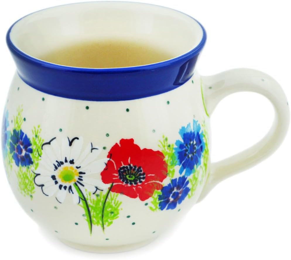 Polmedia Polish Pottery Bubble Mug 12 oz - Polish Country Pattern Handmade in Boleslawiec Poland by Ceramika Artystyczna + Certificate of Authenticity