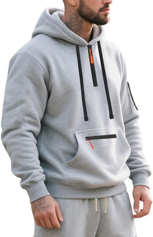 Men's Hooded Sweatshirt - Quarter Zip Pullover with Pockets Autumn Winter Casual We...