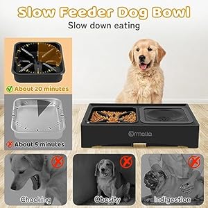 Elevated Slow Feeder Bowls, Adjustable Raised No Spill Water Bowl, Non-Slip Food Bowl Stand for Large Medium Small Dogs, 4 Heights Black