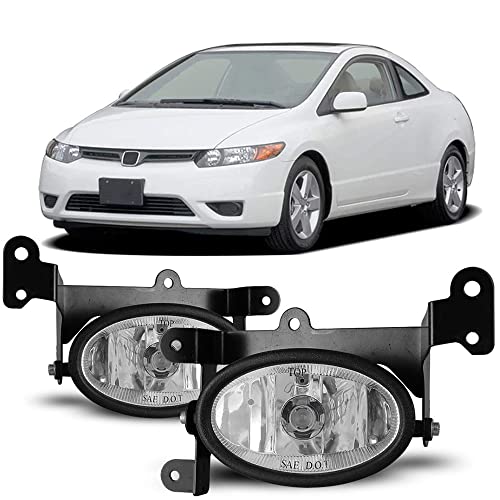 Winjet Fog Lights Compatible With 2006-2008 Honda Civic | Polycarbonate Resin Clear With Wiring Kit Foglight Foglamp Lamps Halogen | 2007