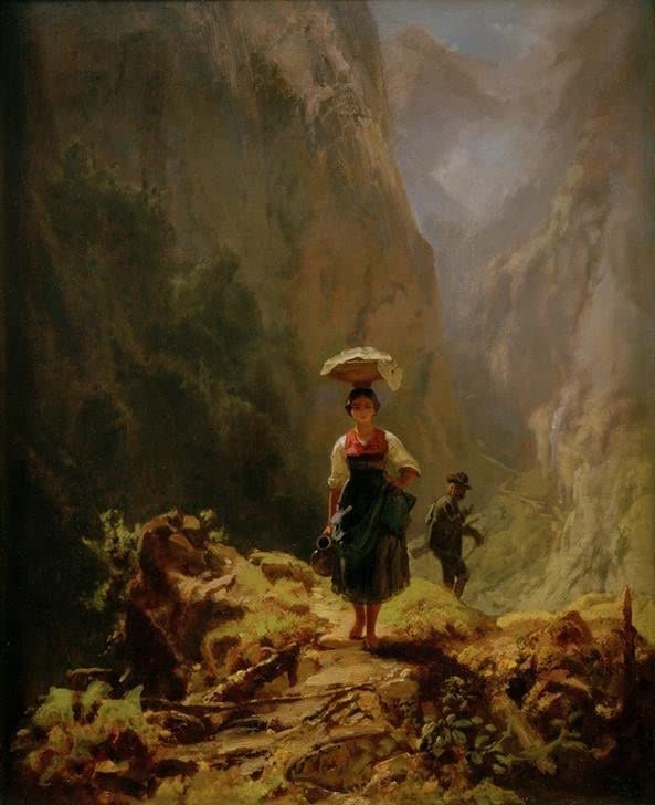 Tableau Dirndl et chasseur montagnes Carl Spitzweg impression toile 60x90cm