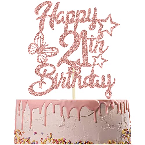 21st Birthday Cake Topper Rose Gold Happy 21st Birthday Cake Topper Cake Topper 21st Birthday Cake Topper with Star Love Butterfly Cake Topper for Boys or Girls 21st Birthday Party Decorations