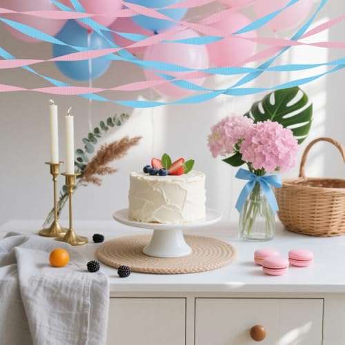 Image of 4 Crepe Paper Streamers Rolls, 328ft Pack of Pink and Blue Crepe Paper for Birthday Gender Reveal Party Decorations (1.8 inch x 82 ft /Roll)