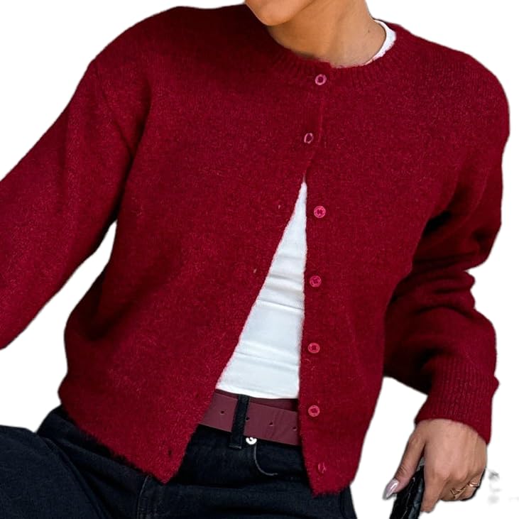 Image of Muineobuka Women Knit Cropped Cardigan Tops Long Sleeve Button Down Lightweight Bolero Sweater Tops Wine Red, X-Large