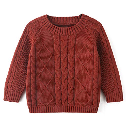 Curipeer Baby Boys' Girls' Cable Knit Sweater Long Sleeve Solid Pullover Toddler Crew Neck Fall Brick-Red 3-4T