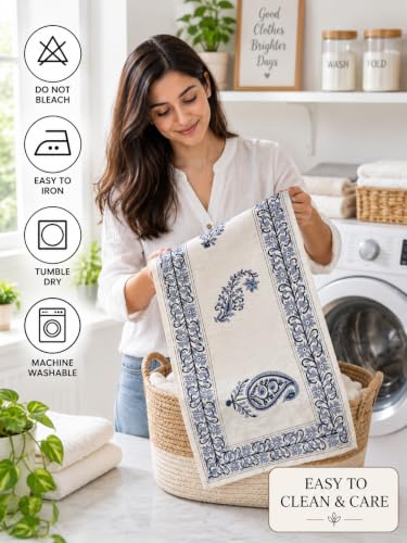 Image of Ravaiyaa - Attitude is Everything Hand Block Printed Cotton Table Runner | Floral Printed Table Runner for Home Decor, Kitchen | 60 x 16 Inch-(Blue Paisley)