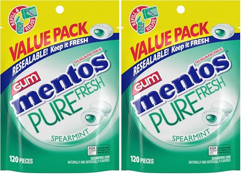 Image of Mentos Pure Fresh Sugar-Free Chewing Gum with Xylitol, Spearmint, 120 Piece Bulk Resealable Bag (Pack of 2)
