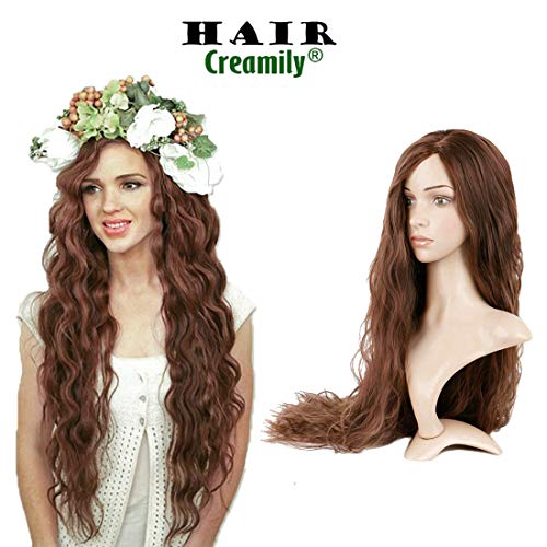 Creamily Women Long Loose Wavy Wigs Curly Light Brown Hair Extensions Girls Heat Resistant Synthetic Wig with Long Bangs