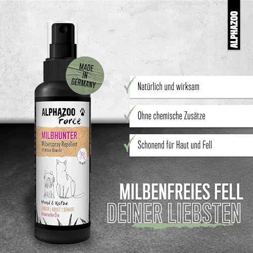 alphazoo MilbHunter Anti Milben-Spray 500 ml – Natürliches Milbenmittel für Hunde, Katzen, Pferde & Hühner – Wirksamer Schutz gegen Milbenbefall, Herbstgrasmilben & rote Vogelmilbe