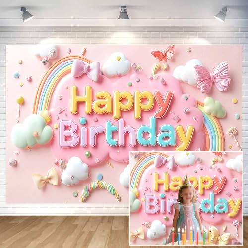 Toile fond anniversaire arc-en-ciel nuages papillons paillettes 6x4 pi