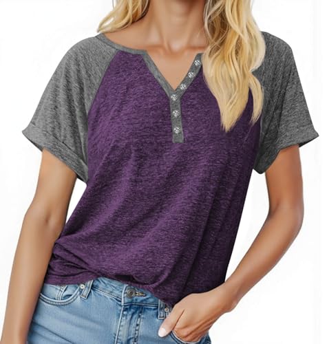 MaQiYa Womens Short Sleeve Summer Tops Trendy V Neck T Shirts Casual Color Block Raglan Shirts Cotton Baseball Tunic Tees