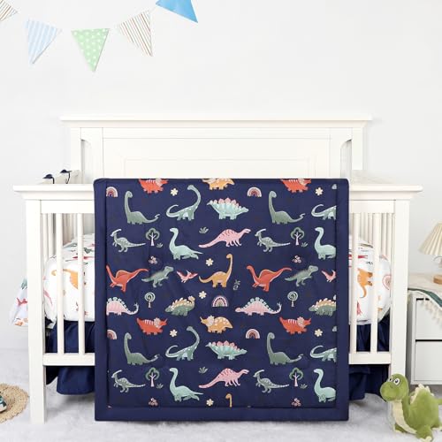 CARUILI Crib Bedding Set for Boys, Baby Crib Bedding Set 4 Piece, Baby Boy Nursery Bedding Set Including Comforter, Fitted Crib Sheet, Crib Skirt, Diaper Stacker, Blue Dinosaur