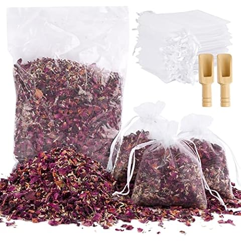 Natural Dried Flower Petal Wedding Confetti Set - 100g Rose Petals and Lavender Mixed Confetti with 30Pcs Organza Bags and 2Pcs Spoons Cover