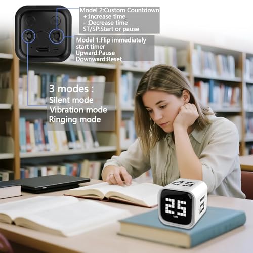 Image of Rotating Focus Timer, 5 /25 /10 /50-Minute Pomodoro Timer, Desk Flip Countdown with Vibration & Volume Control, ADHD-Friendly Tool for Office, Study, and Kitchen (Black)