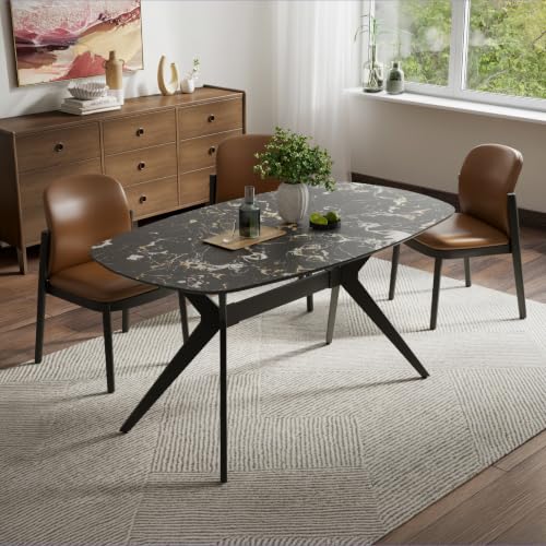 Image of Wakefit Baklava Dining Table - Portoro Black - 6 Seater I Marble Finish I Vitrified Tile Top I Portoro Black