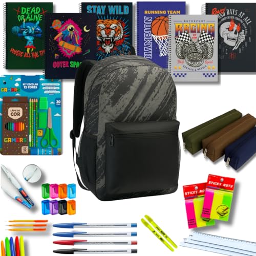 Kit Material Escolar Volta às Aulas 42 Itens com Mochila, Estojo, Caderno, Canetas, Lápis de Cor, Corretivo, Régua, Apontador e Canetinha, Masculino