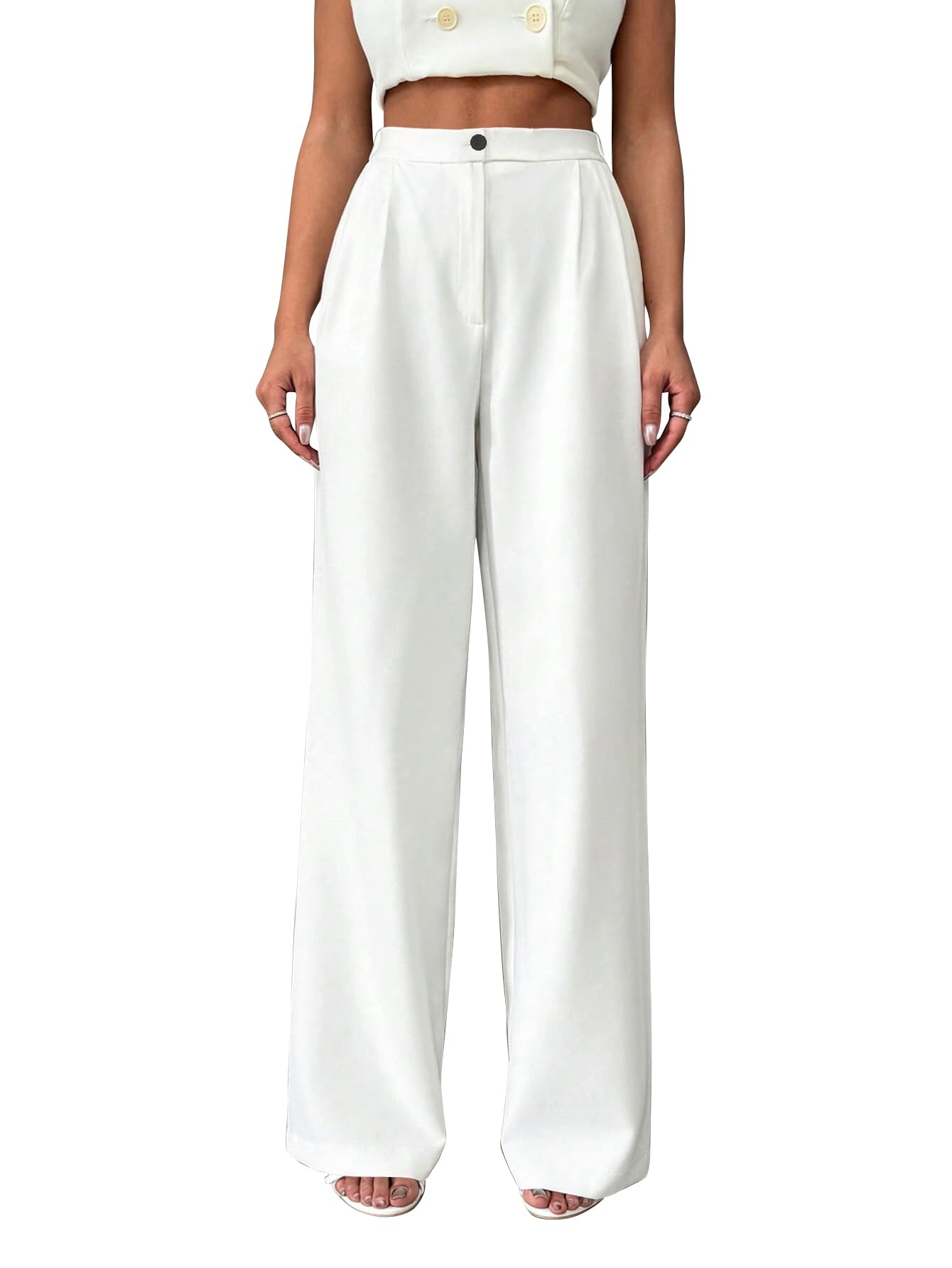 Womens High Waist Straight Fit Trousers | Solid Korean Stretchable Pants for Women | Regular Fit Elastic Waist Full Length Formal Trouser for Casual & Office Wear | Womens Pant