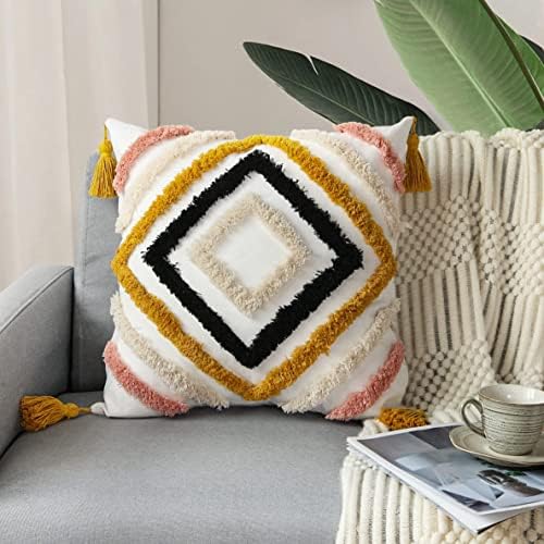 JASEN Boho Throw Pillow Covers, Woven Tufted Decorative Pillow Covers with Tassel Diamond Pattern Pillow Covers for Couch Sofa Bedroom Living Room No Pillow Insert, (Yellow, 18 x 18-Inch)