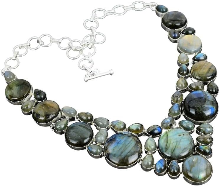 Natural Labradorite Necklace, 925 Sterling Silver Handmade Multi Stone Statement Collar Necklace for Women