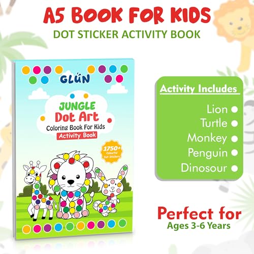 Image of GLUN Jungle Dot Art Sticker Activity Book for Kids Ages 3-6 Years Learning Workbook with 1750+ Colorful Stickers | Wild Animals, Letter Recognition, Fine Motor Skills & Preschool Learning | 34 Pages