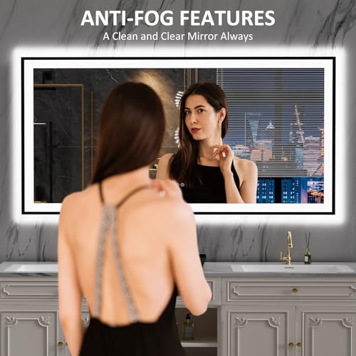 LOAAO 72"X32" LED Bathroom Mirror Black Framed, Anti-Fog, Dimmable, Lighted Bathroom Vanity Mirror for Wall, Memory Function, Tempered Glass