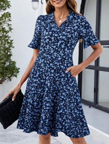 Image of Mokayee Womens Summer Ruffle Sleeve Collared V Neck Fit and Flare Elegant A line Swing Dresses with Pockets