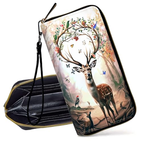 RFID Blocking Wristlet Wallet for Women – Slim PU Leather Zipper Clutch, Cute Credit Card Holder Purse with Wrist Strap for Ladies,A Beautiful Deer