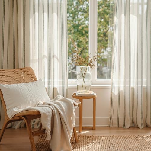 Image of MYSKY HOME Green Striped Patterned Curtains 63 Inches Long Ticking Stripe Pinstripe Farmhouse Linen Blend Curtains for Bedroom Light Filtering Window Drapes, Grommet, 2 Panels, 52 inch Wide