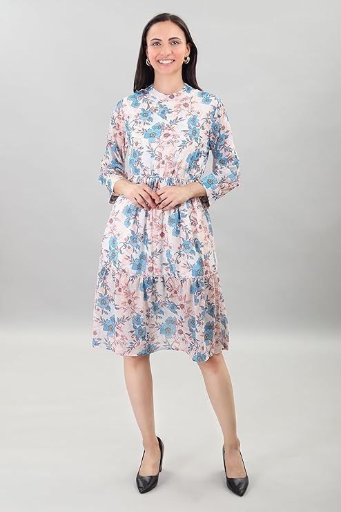Image of A-Line Floral Printed Fit & Flared Western Brown Dress for Women | One Piece Midi Dress for Women Stylish Western Printed Dresses