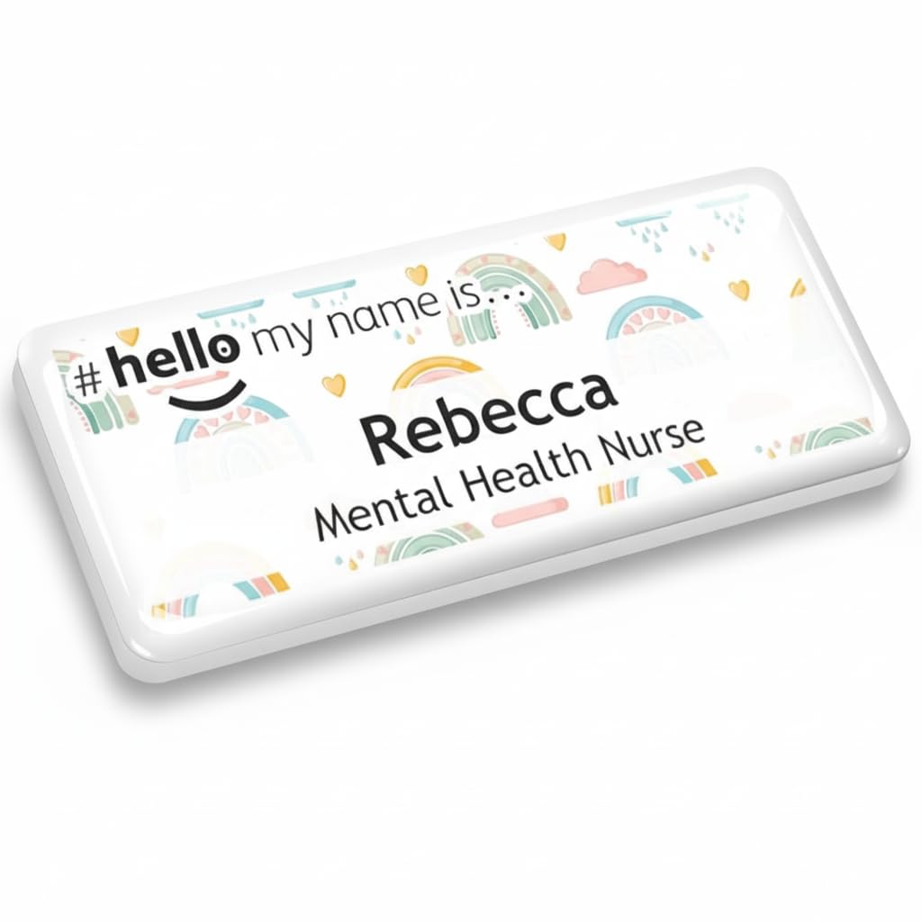 Badgemaster Hello My Name is Various Pastel Rainbow Pattern Text Personalised Premium Domed Bespoke Custom Name Badge 76 x 32mm White White