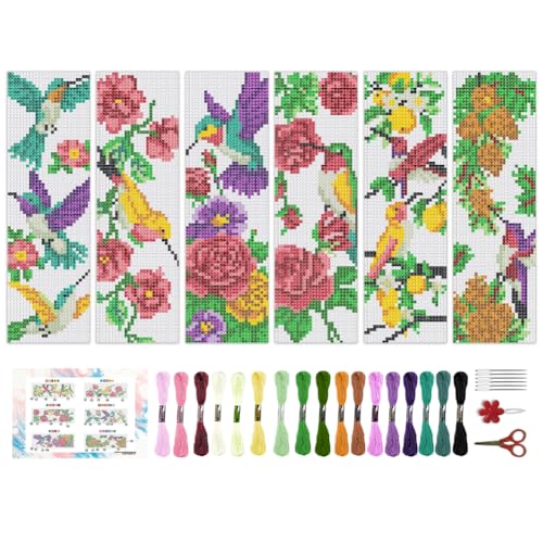 Image of BEUNITONE 6 Pcs Cross Stitch Bookmark Kit for Beginner Vintage Flower Hand Embroidery Kit with Instruction Hummingbird Stamped Embroidery Bookmarks Handmade for DIY Crafts Book Lovers 8.5''x3''