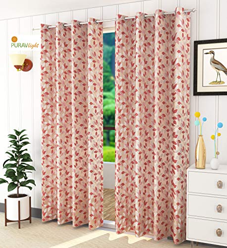 Image of Purav Light Leaf and Texture Pattern Jacquard Jute Room Darkening Curtains for Door Living Room Bedroom, 9 Feet Long, Red, Set of 3 Pieces