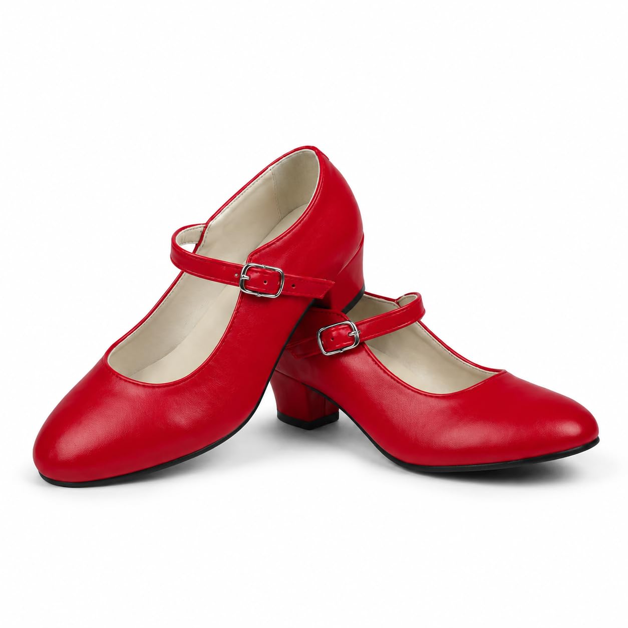 Zapatos Rojos de Baile Flamenco para Niña y Mujer de Iniciación | Talla 24-41 | Tacón Ancho de 3,5 cm | Cómodos para Clases de Sevillanas y Danza Española | Cierre de Hebilla