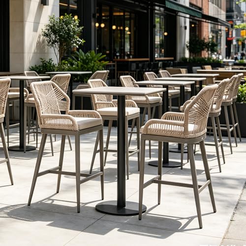 Image of PURPLE LEAF Bar Stools Set of 2 Outdoor Bar Height Metal Tall Chairs Modern Wicker Woven High Barstools 30 inch with Back Patio Dining Bar Stool Chairs