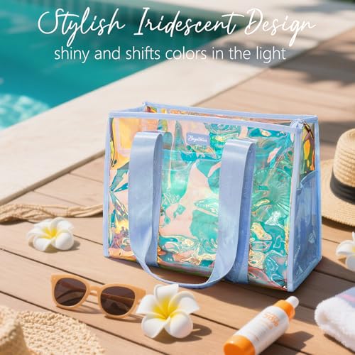 Beach Bag for Women Clear Iridescent Zipper Pool Swim Beach Tote Bag w/Makeup Bag & Waterproof Phone Pouch Summer Essentials3