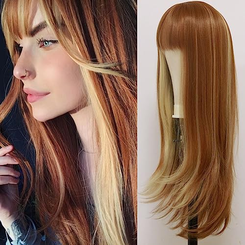 Mszyhuwan Wavy Straight Synthetic Wig - Glueless Brown Ginger With Blonde Highlights and Bangs - Split Mixed Color Heat Resistant Fibers for Lolita Cosplay Party and Daily Use - Women's Costume Anime