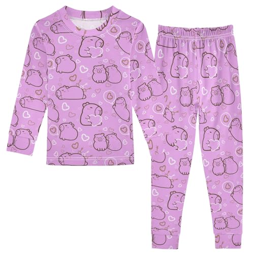 Cute Capybara with Hearts Purple Cute Pajama Sets Long Sleeve Top and Pants, Snug Fit Sleepwear for Night Wears