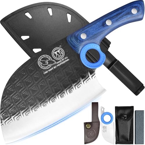 XYJ Authentic Since 1986,Heavy Duty Large Meat Cleaver,Serbian Chef Butcher Knife with Case,Chefs Vegetable Kitchen Knife,Full Tang for Outdoor Camping,Wood Handle with Sheath