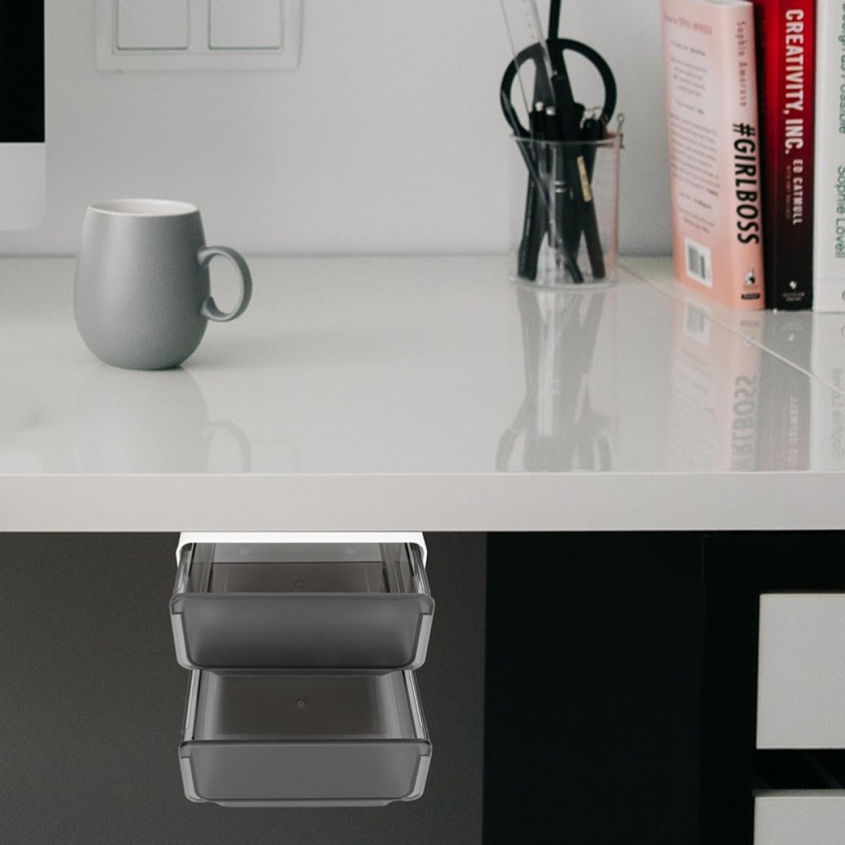 Levemolo Caja de Almacenamiento Debajo del Escritorio sin Perforaciones, Organizador Oculto para Oficina y Estudio, Diseño Ahorrador de Espacio en Abs Negro
