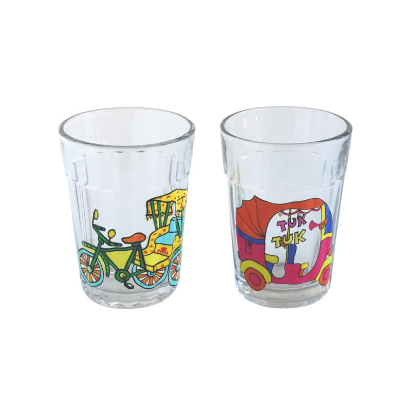 TOPSYTURVY Hand Crafted & Hand Designed Tapri Tea and Coffee Style Glass (Set of 2, 90ml Each) | Colourful Tuk Tuk & Cycle Rickshaw Designs | Kulhad Cups | Cutting Chai Glasses Set