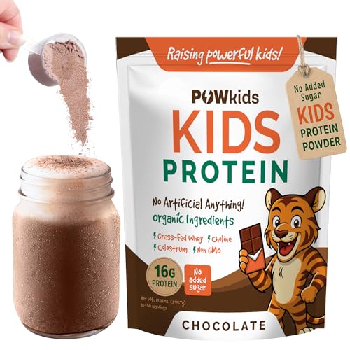 POWkids Kids Protein Shake Powder 16g – Zero Sugar, Organic Ingredients, Grass-Fed Whey Proteins – Calcium & Choline for Bone Strength & Brain Development, Protein Shake, 15-45 Servings – Chocolate