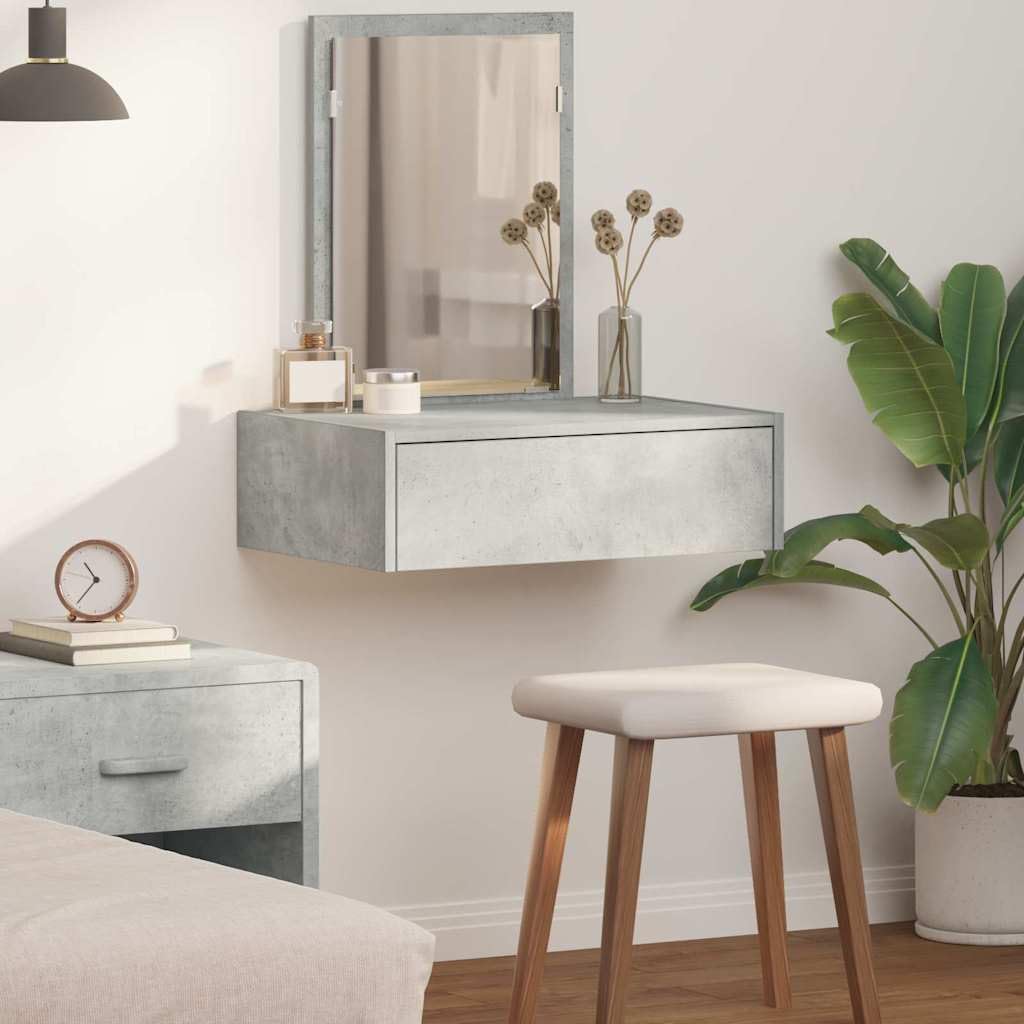 Tavolo da trucco grigio in legno ingegnerizzato 60 x 40 x 70 cm con specchio piano e cassetto, mobiletto salvaspazio per camera da letto, consolle con portaoggetti per make up