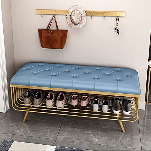 Banc de bout de lit rembourré à boutons et étagère dorée chic - 2