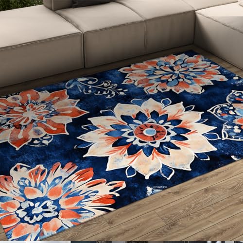 Alfombra área Floral Vintage roja y Azul Boho Plant Alfombras Pelo bajo Alfombra Piso Piso Lavable Suave para Interiores y Exteriores para Sala Estar Vivero Porche 120x240cm