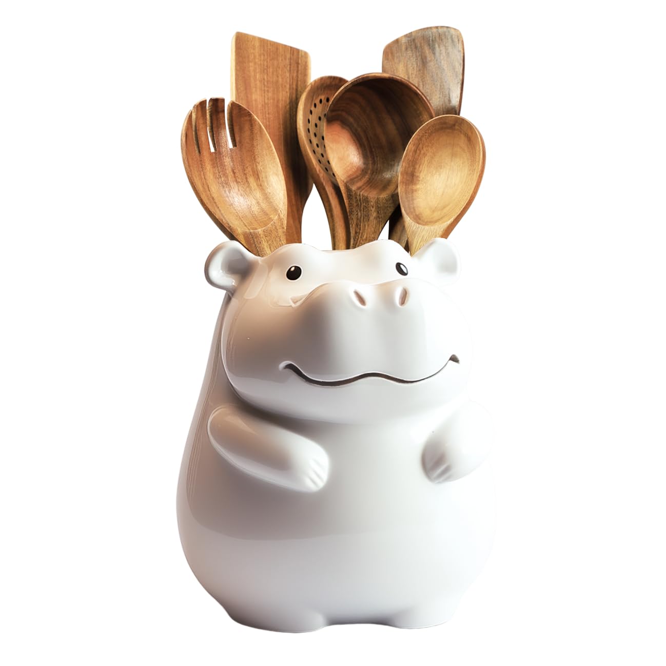 Bicuzat Ceramic Cartoon Animal Pattern Kitchen Utensil Holder, Large Cooking Utensil Crocks for Kitchen Countertop, Cartoon Style Utensil Organizer for Spatula, Kitchen, Home Decoration-Hippo