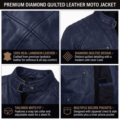 Image of Mens Vintage Retro Biker Cafe Racer Jackets - Diamond Quilted Style Genuine Leather Motorcycle Jacket