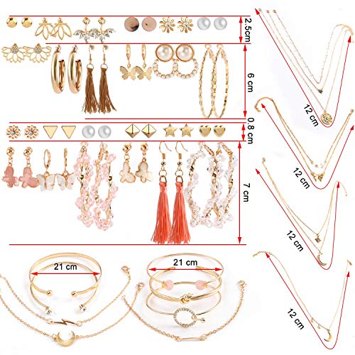 36 PCS Gold Jewelry Set with 4 PCS Multi-layer Pendant Necklaces,8 PCS Bracelets,24 PCS Layered Ball Dangle Hoop Stud Earrings for Women Girls Jewelry Fashion and Valentine Birthday Party Gift - Thumbnail 4